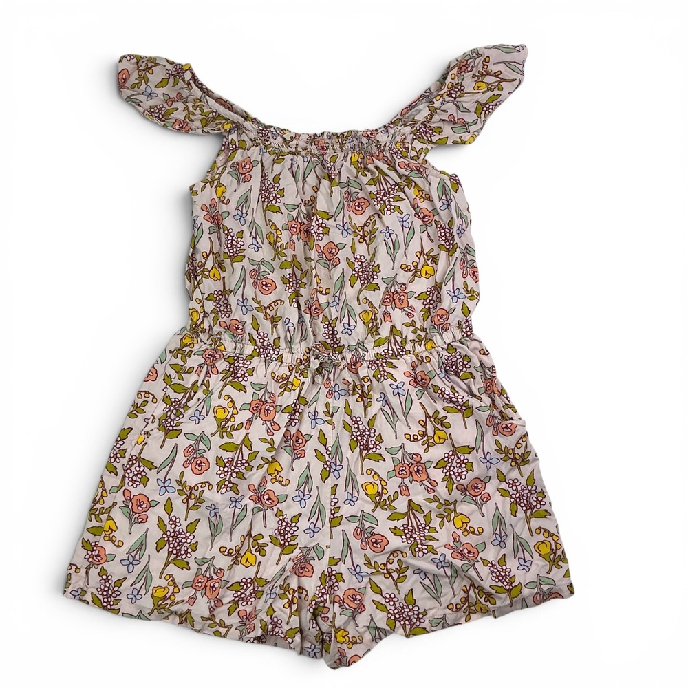 Cat & Jack Pink Floral Romper Kids Size L 10/12 Flutter Sleeve Rayon Pockets